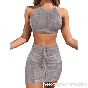 Euone Dress Clearance Woman Summer Holiday Dresses Clearance Hanging Neck Backless Knitting Shining Tops&Skirt Bandage Beach Sexy Swimming Pool Party Sundress Gray